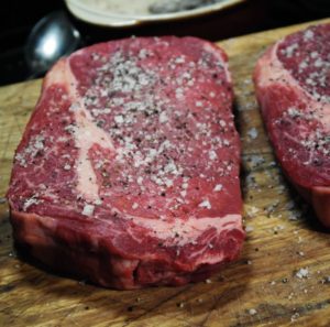 Seasoned Beer Fed Dexter Rib Eye Steaks Seasoned with sea salt and smoked sea salt