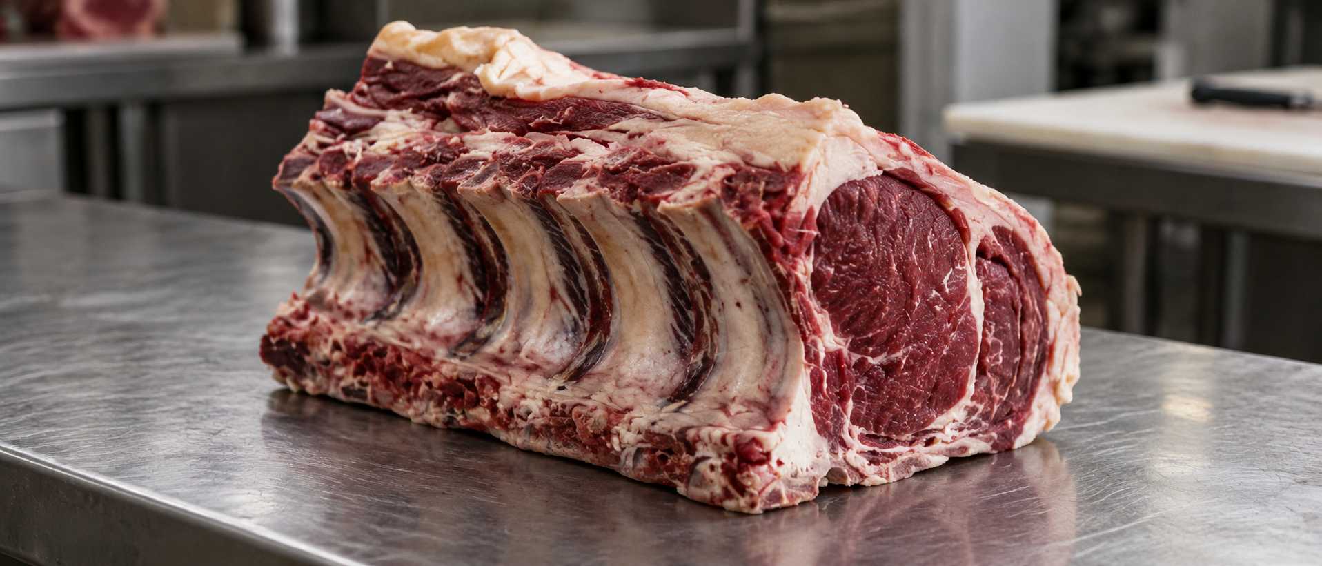 Five-bone beef fore rib on a stainless-steel surface