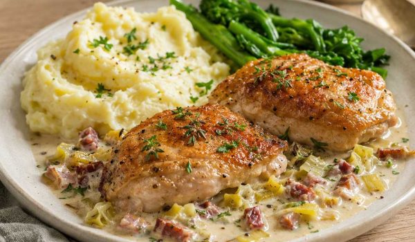 Chicken Supremes with Bacon Leeks and White Wine