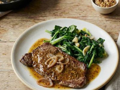 Minute Steaks with Mustard, Greens & Pan Juices