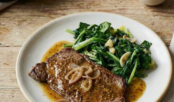 Minute Steaks with Mustard, Greens & Pan Juices