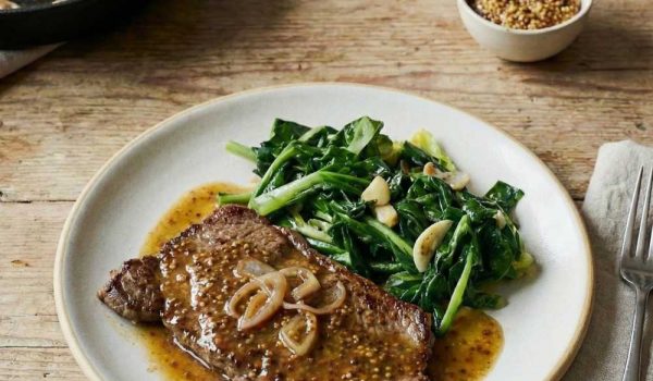Minute Steaks with Mustard, Greens & Pan Juices
