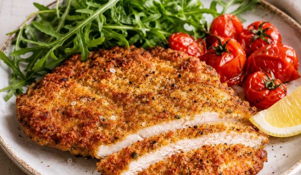 Parmesan Chicken Milanese with Roasted Tomatoes and Rocket