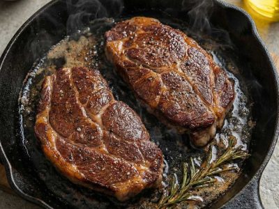 Pan-fried rare breed pork ribeye steaks