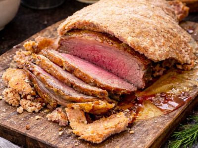 Salt-crusted picanha roast slices